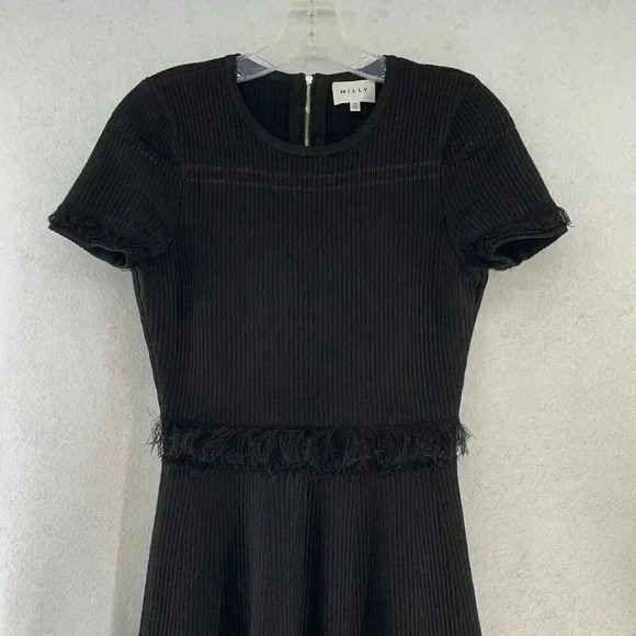 Milly Black Short Sleeve Fit & Flare Fringe Detail Ribbed Dress Zip Back Size P - Picture 5 of 11